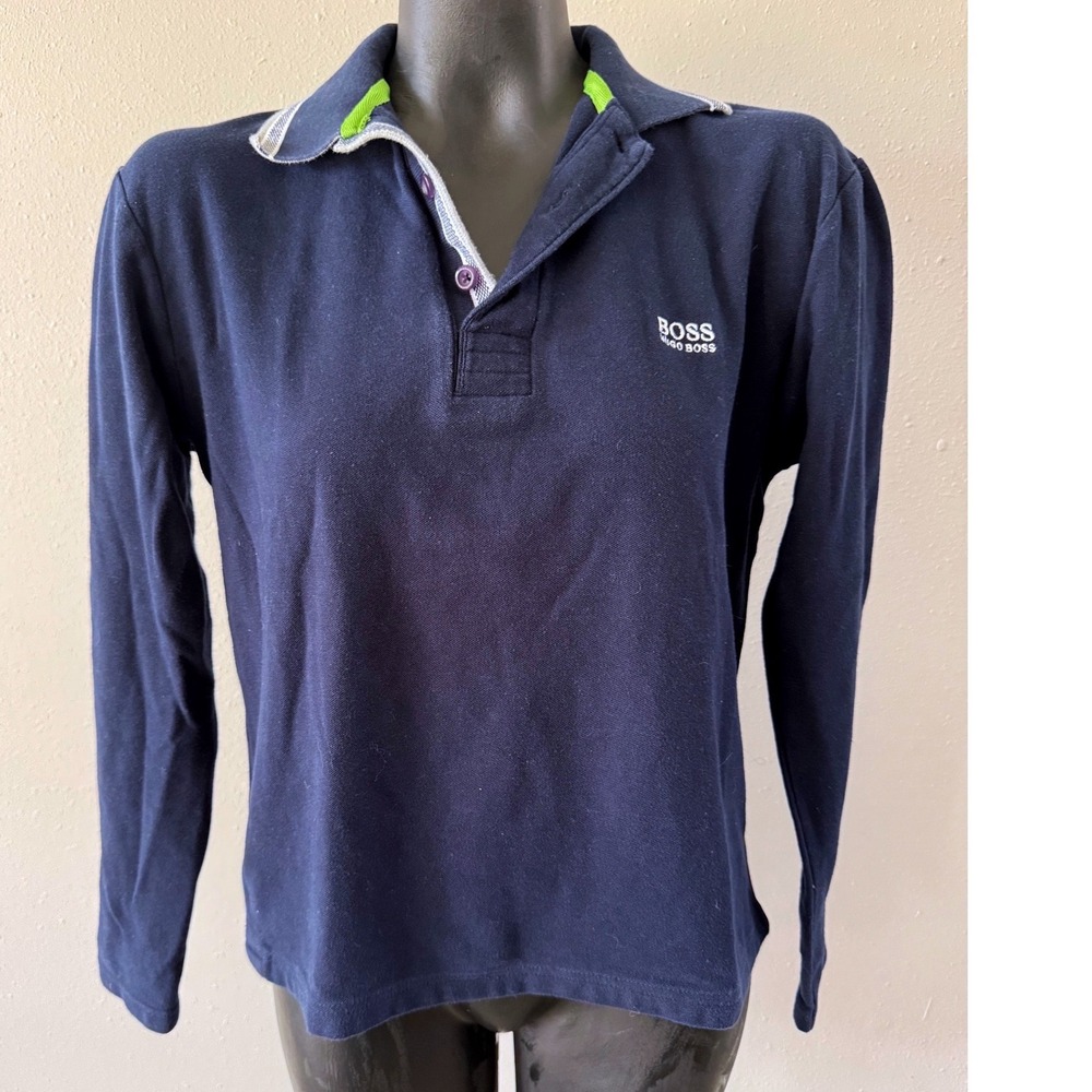 Hugo Boss Mens Polo Shirt Sz M Navy Blue Modern Fit Long Sleeve Preppy Old Money